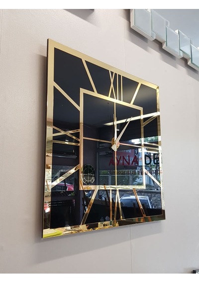 Ayna Denizi Golden Quare Black Model Altın Siyah Renk 60 CM x 60 CM Dekoratif Aynalı Duvar Saati Siyah