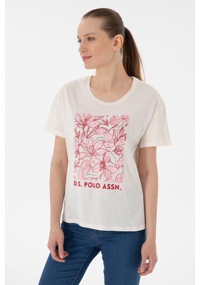 U.S. Polo Assn. Kadın Krem Desenli Bisiklet Yaka Tişört 50299765-VR071