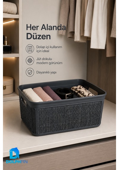 Jute Çok Amaçlı Kutu 5 L Plastik Mutfak Banyo Dolap İçi Düzenleyici Siyah