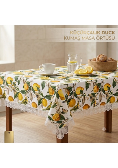 Küçükçalık Duck Kumaş Limon Desenli Dantelli Masa Örtüsü Sarı - Yeşil