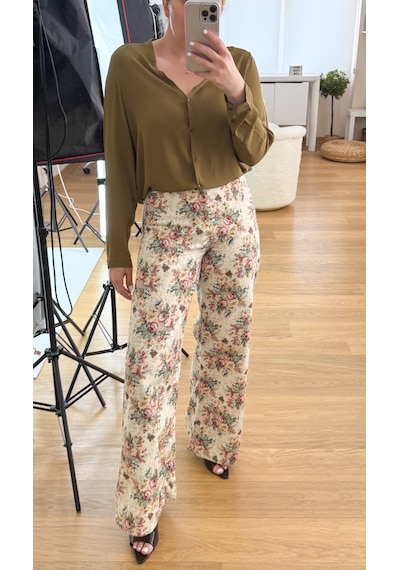 Modaonna Çiçek Desenli Geniş Paça Kot Pantolon Çok Renkli