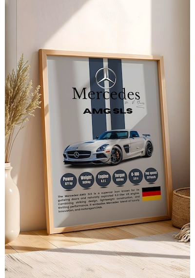 Mercedes Amg Sls Premium Spor Araba Çerçeveli Tablo - Teknik Özellikli Otomobil Sever Duvar Dekoru Kayın Mercedes Amg Sls Premium Spor Araba Çerçeveli Tablo - Teknik Özellikli Otomobil Sever Duvar Dekoru Kayın