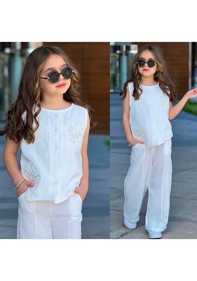 Bam Bam Çiçek Aksesuarlı Müslin Kız 2 Li Takım5-14 Yaş -71141645 - Beyaz