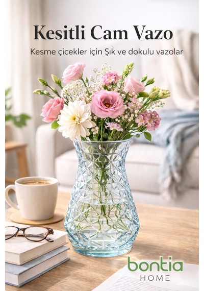 Kesitli Cam Vazo Şık Dekoratif Çiçek Vazosu Modern Tasarım, Dayanıklı Cam Şeffaf