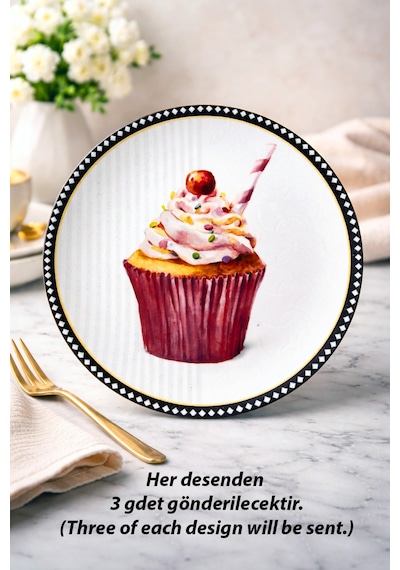 Grandora Pasta Tabağı Cupcake Desenli 6 Adet, 20 Cm Pasta, Tatlı Sunum Tabağı Seti, Doğum Günü Tabağı Çok Renkli