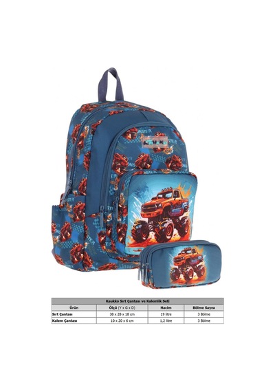 Kaukko Kids L5282+l8282 Üç Gözlü Erkek Çocuk Okul Çantası Ve Kalem Çantası Seti - Yeşil Kırmızı - Arazi Aracı Baskılı Yeşil - Kırmızı