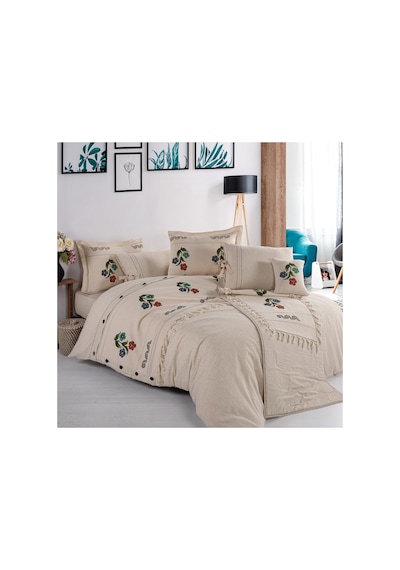 Çiçek Desen 200x220 Pamuk-keten Taş Baskılı Çift Kişilik Nevresim Takımı Krem - 747895135 Krem