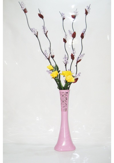 60 Cm Pudra Pembe Desenli Uzun Vazo 5 Mor Üzüm Dalı Sarı 4 Gül