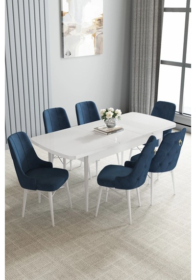 Zümra Serisi, Beyaz 80x132 Açılabilir Mdf Mutfak Masası Takımı 6 Adet Sandalye, Lacivert Zümra Serisi, Beyaz 80x132 Açılabilir Mdf Mutfak Masası Takımı 6 Adet Sandalye, Lacivert