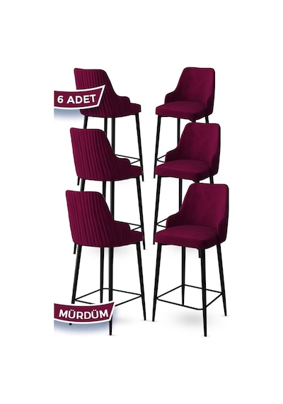 Canisa Enox Serisi 6 Adet Mürdüm Sandalye Mutfak Bar Sandalyesi Babyface Kumaş Siyah Metal Ayak Sandalyeler Mürdüm Ayaklar Siyah