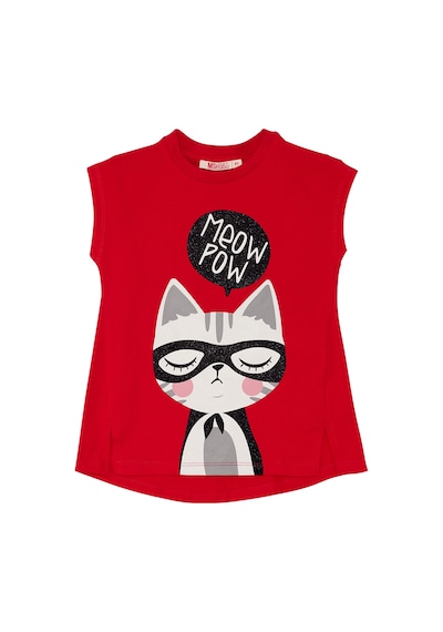 Kırmızı Meow Pow Çizgili Kız Çocuk Yazlık T-shirt Tayt Takım