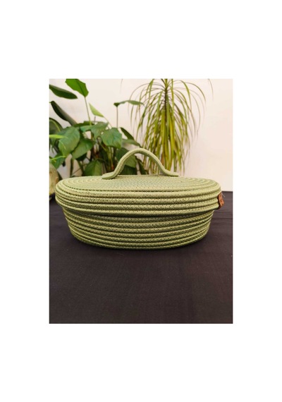 Hasır Jüt Sepet Oval Kapaklı Organizer Düzenleyici 30x20x10 Cm Yeşil Yeşil