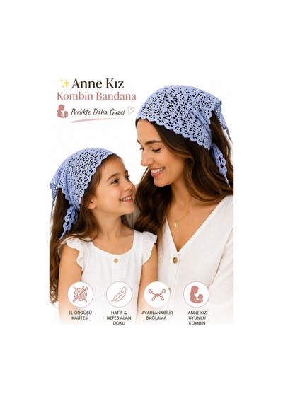 Anne Kız Kombin Bandana El Örgüsü Saç Bandı Bohem Stil Ayarlanabilir 2li Set Mor