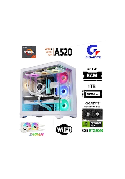 Xaser Giga X60 R7-5700X 32 GB 1 TB M.2 Nvme SSD 8 GB RTX5060 Free Dos Oem Paket Masaüstü Oyuncu Bilgisayarı