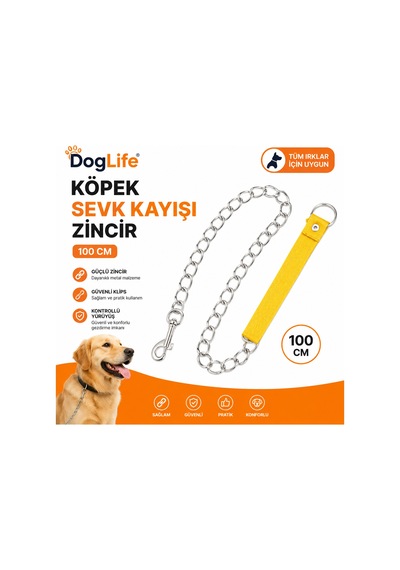 Dog Life Köpek Sevk Kayışı Zincir 100 Cm Metal Zincirli Dokuma Saplı Güvenli Klipsli - Sarı