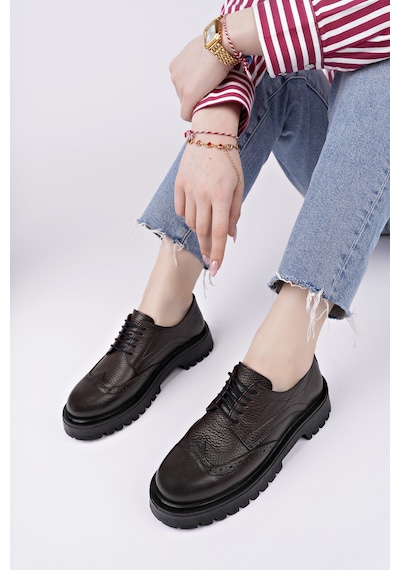 Muggo Amour Bağcıklı Hakiki Deri Kalın Taban Günlük Casual Makosen Kadın Loafer Ayakkabı Kahverengi