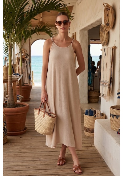 Lela Regular Fit Ip Askılı Uzun Bayan Elbise 5865732 Taş
