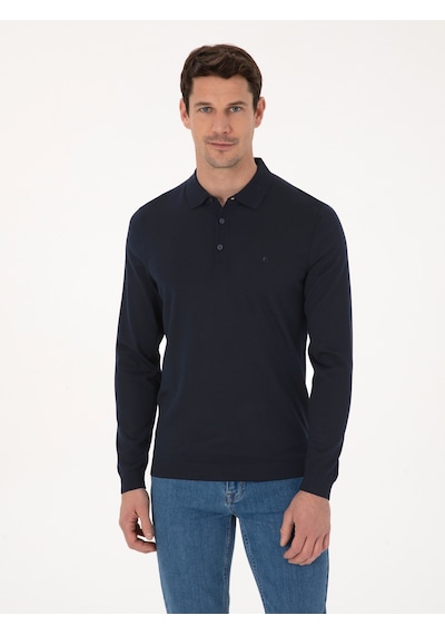 Cacharel Lacivert Regular Fit Yün Karışımlı Polo Yaka Basic Triko Kazak
