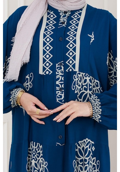 Sevitli Yarım Düğmeli Robalı Beyza Elbise-indigo-5143 İndigo