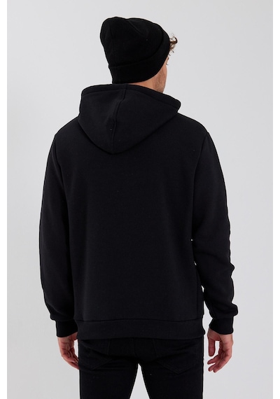 Polostate Erkek 3 İplik Pamuklu İçi Polarlı Baskılı Regular Fit Kapüşonlu Kanguru Cepli Siyah Sweatshirt Siyah