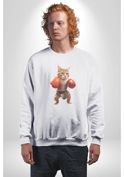 Boks Yapan Kedi Unisex Beyaz Baskılı Sweatshirt Beyaz