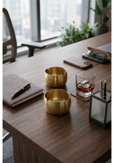 Paslanmaz Çelik 304 Kalite Gold Renk Küllük 7,5 Cm Çap 5 Cm Derinlik Dekoratif Metal Küllük Altın