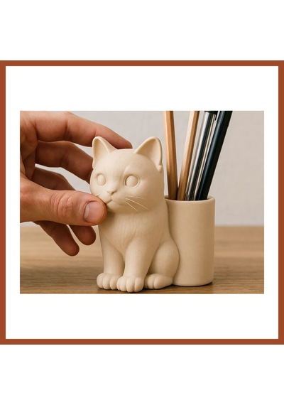Bezos 3d Baskı Kedi Figürlü Kalemlik - Masaüstü Organizer - Bej Pro