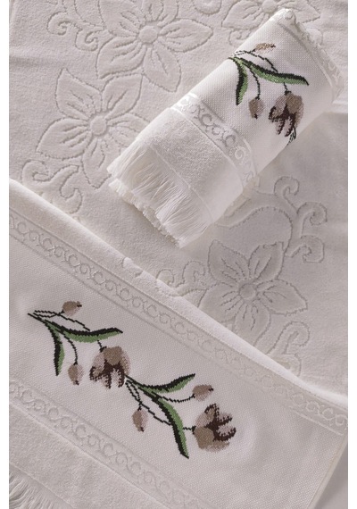 Kanaviçe Nakışlı Güllü Kadife El Yüz Havlusu - 50x90 Cm- Krem Krem Krem