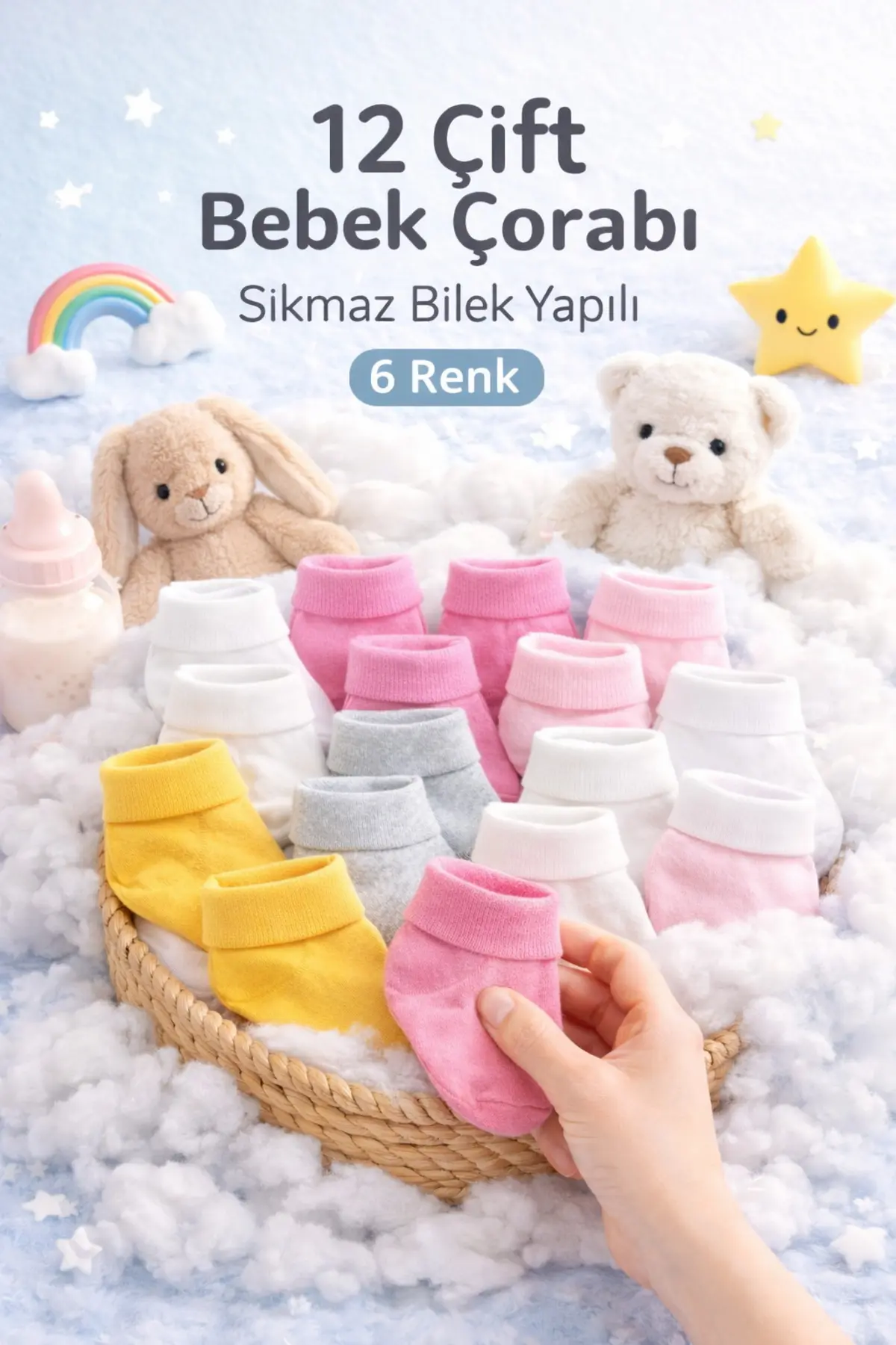 Akface 12 Çift Çok Renkli Pamuklu Sıkmaz Bilekli Kız Bebek Çorabı