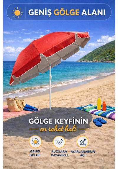 Kırmızı-bej 200 Cm Ayarlanabilir Fon Model Plaj Şemsiyesi