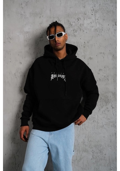 Erkek Baskılı Kapüşonlu Ve Kanguru Cepli Sweatshirt Hoodie- Siyah