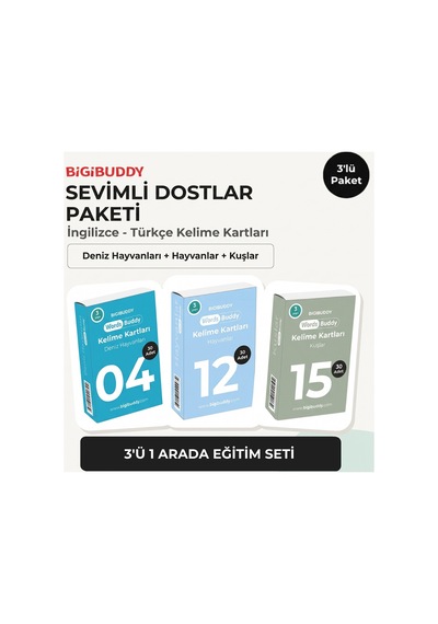 Bigibuddy Wordsbuddy Çocuklar İçin Türkçe İngilizce Sevimli Dostlar Paketi 90 Kart 3'lü Set Cihaz Hariç