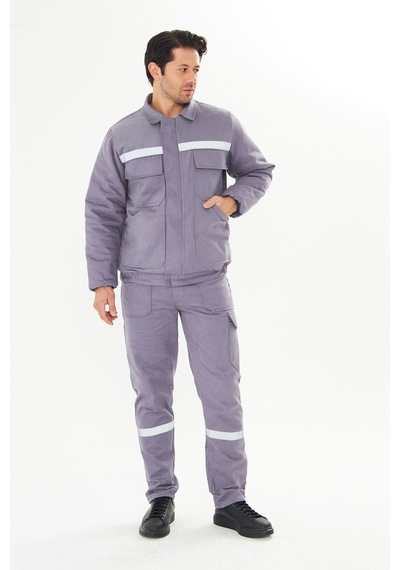 Orange Safety İş Takımı Mont+pantolon 7/7 Gabardin %100 Pamuk Kapitoneli Reflektörlü Gri