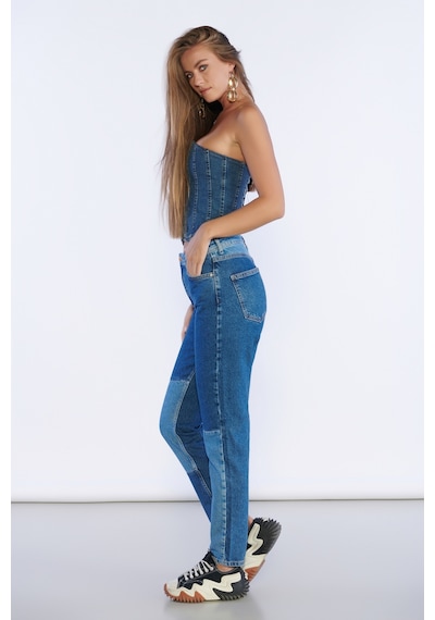 Lacivert Yüksek Bel Yama Detaylı Mom Jeans-lacivert Lacivert