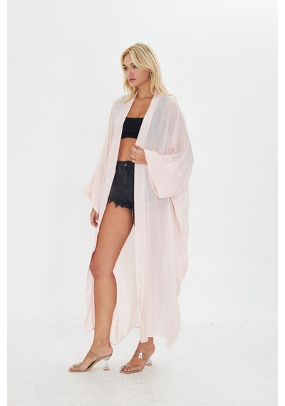 Kutaf Pudra Pembe Uzun Soft Kimono Açık Kahverengi