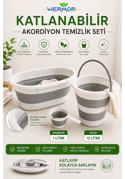 3'lü Katlanır Temizlik Seti Çamaşır Sepeti Akordiyon Su Kovası Maşrapa Beyaz - Gri