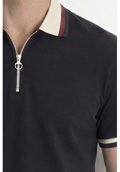 Tudors Erkek Slim Fit Dar Kesim %100 Pamuk Kısa Kollu Yarım Fermuarlı Siyah Polo Yaka Tişört-50743