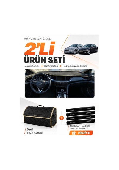 Opel İnsignia 2017-2026 Uyumlu Torpido Örtüsü + Deri Bagaj Çantası + Sticker Seti - Siyah Bej