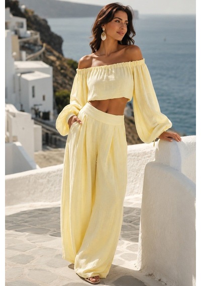 Madmext Sarı Madonna Yaka Bluz Bol Paça Pantolon Kadın Takım Mg2863