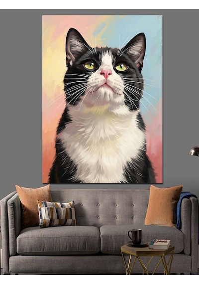 Ahşap Tablo Yukarı Bakan Siyah Kedi