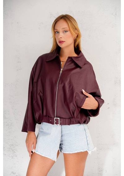 Jesse Story Kadın Deri Ceket Relax Fit Suni Deri Ceket Bordo Bordo