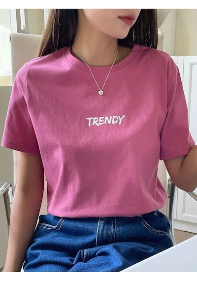 Trendy T-shirt - Pembe Oversize Baskılı Bisiklet Yaka Pembe