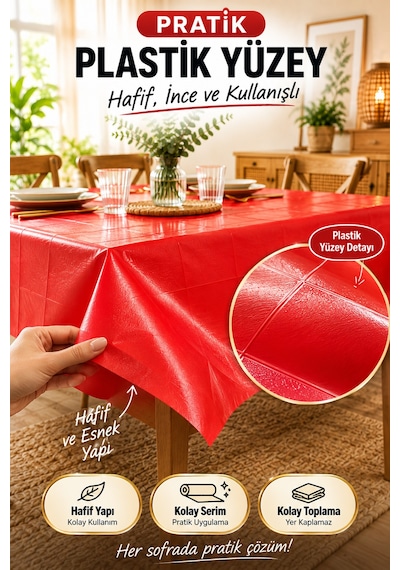 Kırmızı Plastik Masa Örtüsü 137x180 Cm Kullan At Silinebilir Parti Davet Organizasyon İçin Örtü 1 Ad
