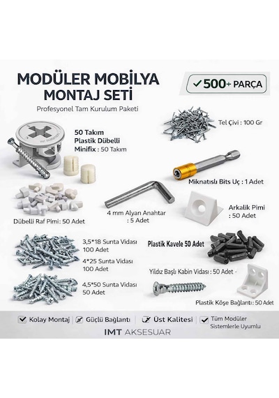 500 Parça Profesyonel Modüler Mobilya Montaj Seti -Mobilyalarla Uyumlu Minifix Montaj Ekipmanları