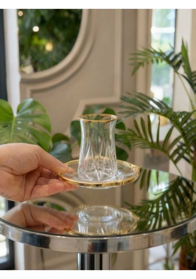 Çnr Home Collection 12 Parça 6 Kişilik Kristal Kesim Çay Bardaği Seti Gold