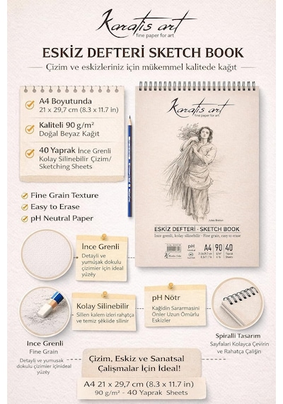 A4 Eskiz Defteri, İnce Grenli, Kolay Silinebilir Ph Nötr Kağıt, Spiralli Sketch Book, 90 G/m²,