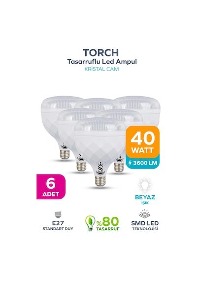 40w Kristal Tasarruflu E27 Beyaz Işık Torch Led Ampul 6 Adet 6 Adet