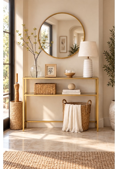 Teknor Gold Çerçeveli Şeffaf Cam Raflı Dresuar Modern Salon Ve Antre Konsolu 100 90 20 Cm