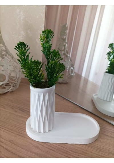 Mini Desenli Beton Saksı Tekli Ve Oval Tabak - Yapay Çiçek Hediyeli - Yeşil Tomurcuk