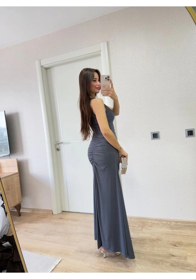 Valensdesign Kolsuz Büzgülü Uzun Elbise - Füme